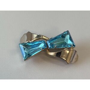 Vintage Vermeil Ribbon Pin Brooch Prong Set Faux Blue Topaz Jewelry 1-1/2"